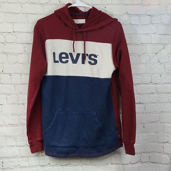 LEVI'S Men's Bilco Fleece Pullover Hoodie Maroon Blue Casual Sweatshirt Jacket - Picture 7 of 7